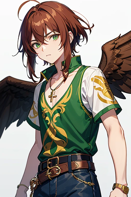 Xiao from Genshin Impact, boy, , short reddish brown hair with strands in the bangs, green eyes, green open vest, black t-shirt with gold wings print, necklace with a gold cross, blue jeans, light brown belt, Looking at profile straight directly to viewer, white background.