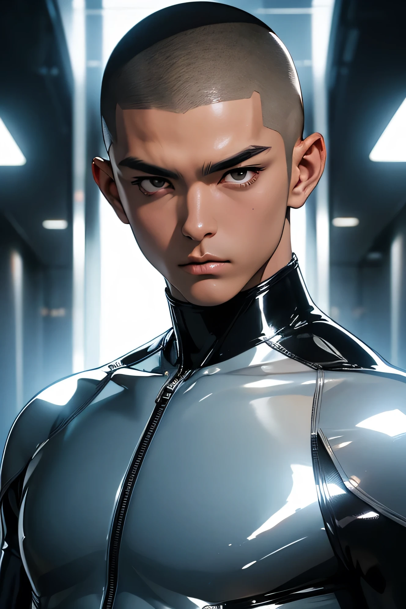 Japanese male handsome model Black Hair Short cut G-I-A-CUT Skinhead looking at the camera Shiny full-body silver suit Shiny silver latex suit Fierce face Handsome future Metal Body grim stare gaze Sad expression Moist eyes Vibrant poses