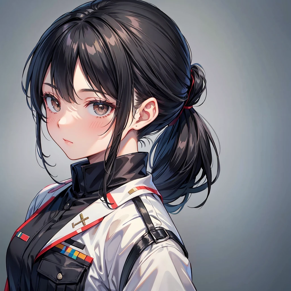 Black Hair　ponytail　Half Up　One person　military　beautiful girl　Droopy eyes　Expose