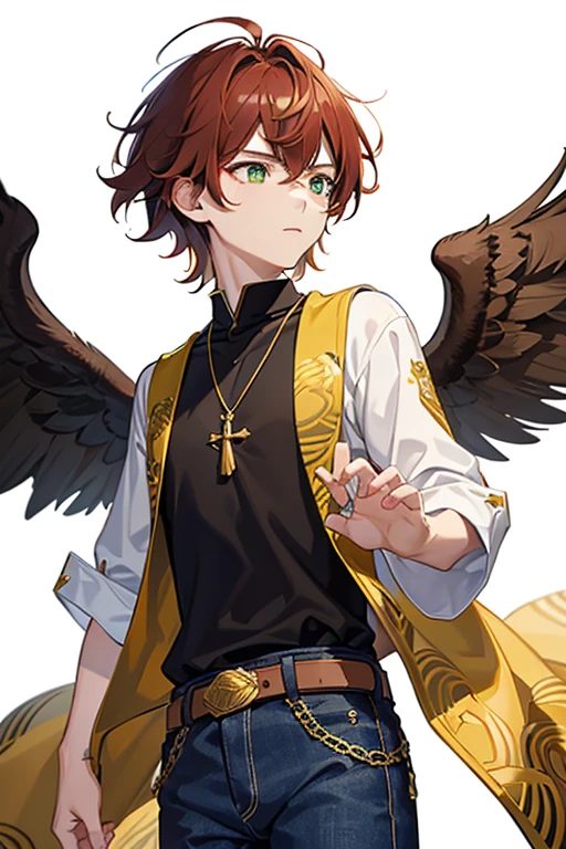 Xiao from Genshin Impact, boy, , short reddish brown hair with strands in the bangs, green eyes, green open vest, black t-shirt with gold wings print, necklace with a gold cross, blue jeans, light brown belt, Looking at profile straight directly to viewer, white background.