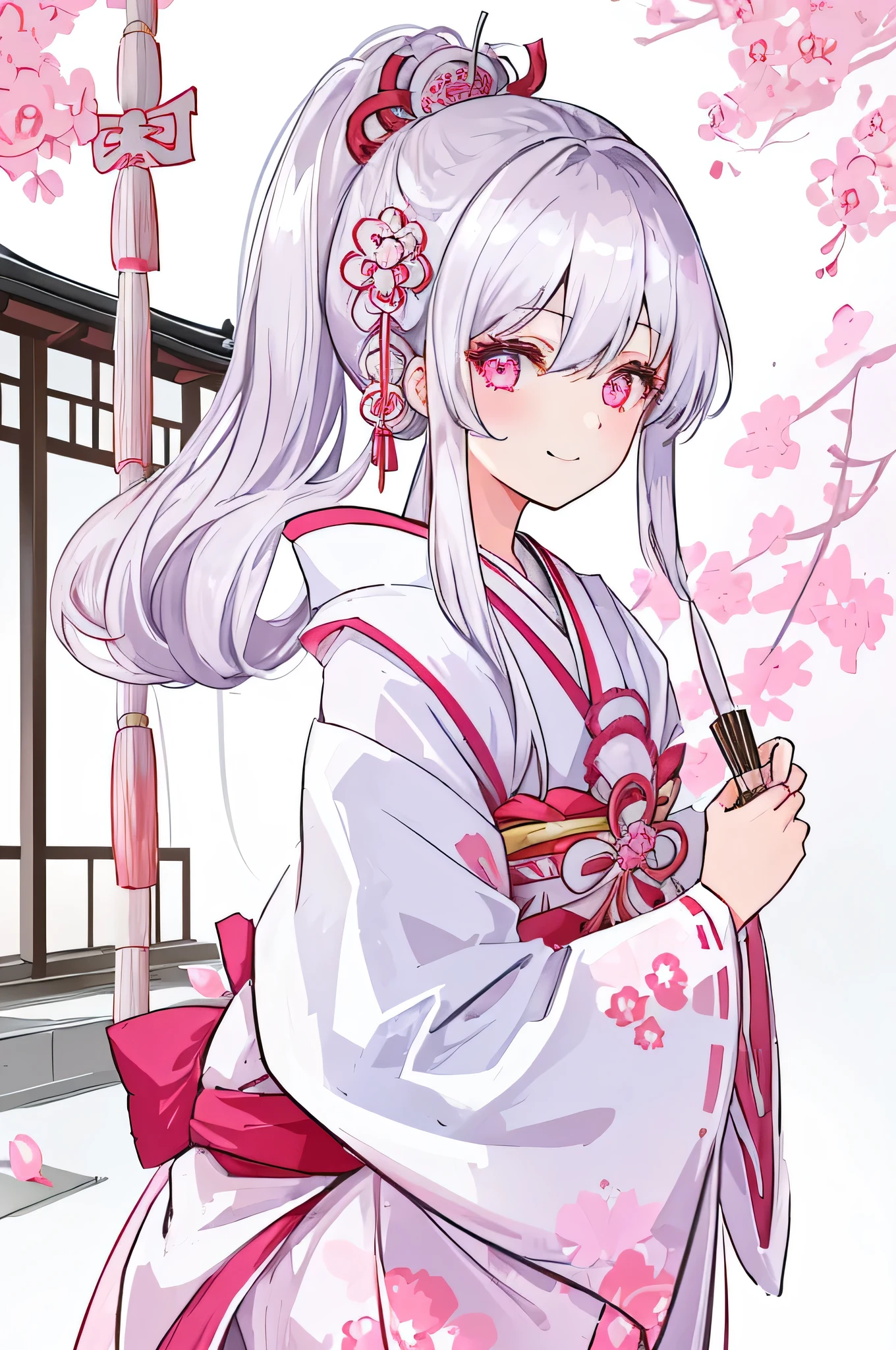 1 girl in、(silver medium Hair)、side ponytailed、pink eye、Looking at the camera、from side,delicate finger、beautiful ilumination、(adult),white kimono、miko costume、smile,laugh,((japanese temple background))、(High resolution of the highest quality)、((Masterpieces of the highest quality:1.2))sharp,sharp,