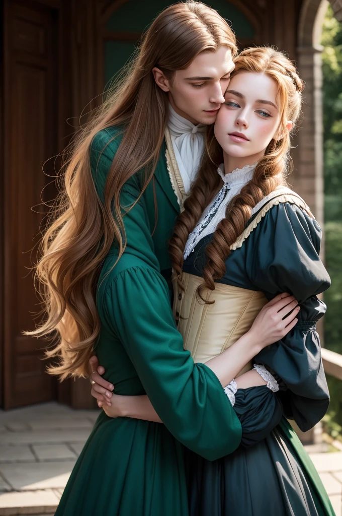 Young athletic man with golden hair and green eyes in Victorian clothes hugging beautiful woman with brown hair and blue eyes in Victorian clothes