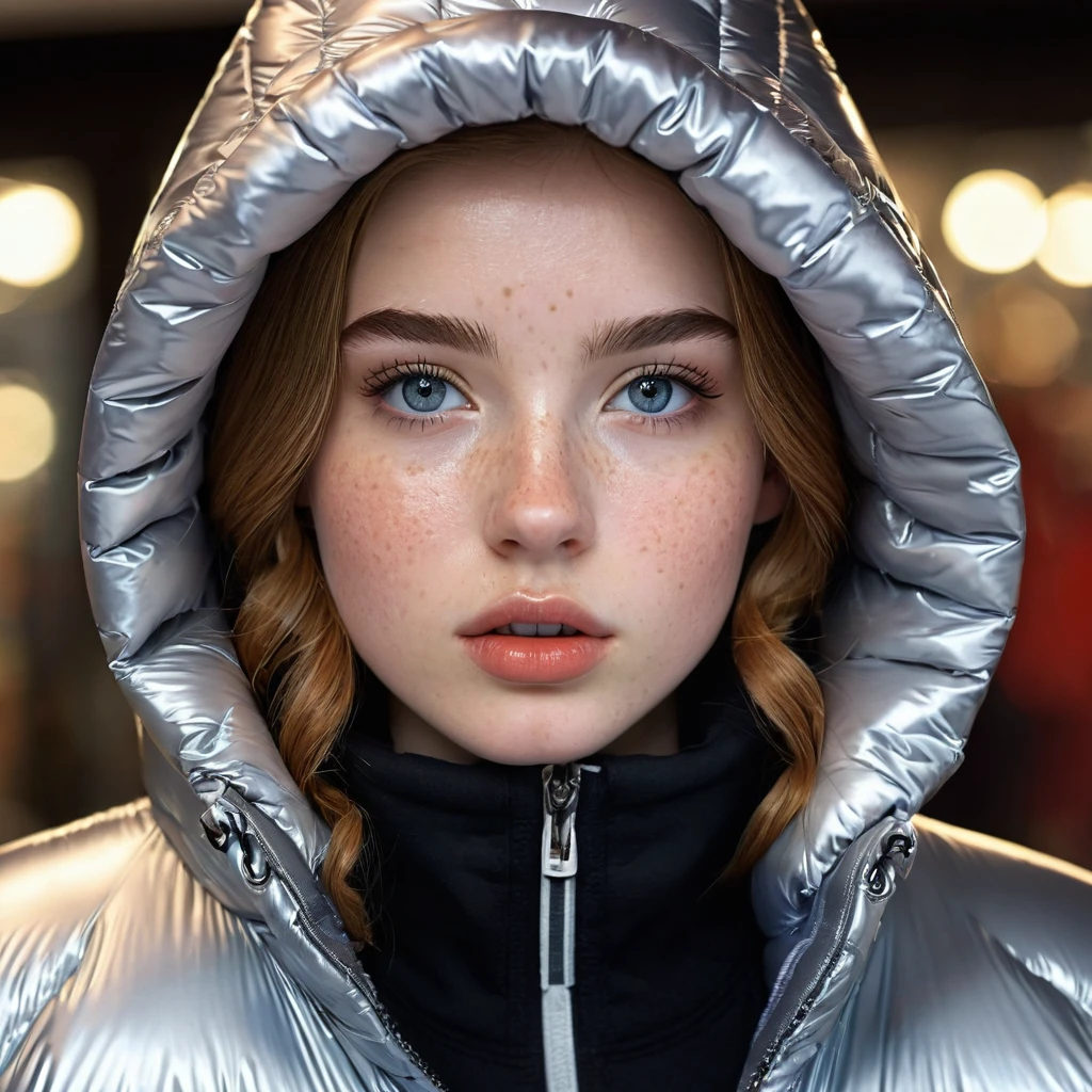 a slim 16 year old girl,beautiful detailed eyes,beautiful freckles,beautiful detailed lips,extremely detailed eyes and face,longeyelashes,in beautiful detailed zipped hooded tightfitting duvetica overfilled super gleamy thick glossy puffer jacket,latex leggings,covering puffer vest,symmetrical,standing in a pufferstore,masterpiece,cinematic,lifelike,hyperrealistic,8k,photorealistic,highly detailed,intricate,exquisite,elegant,beautiful,stunning,full photo