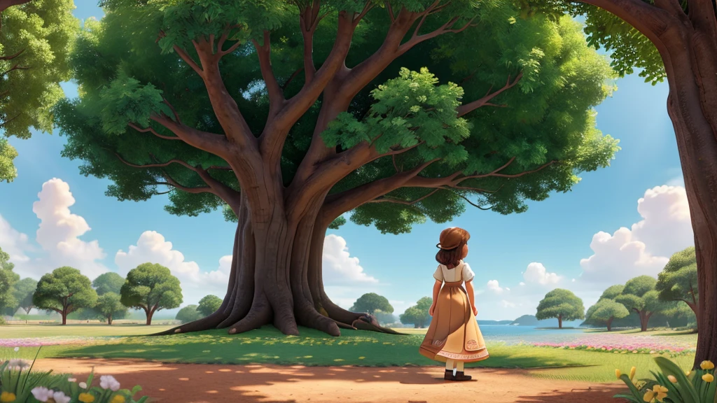 1 Girl with brown hair and dress in front of a large tree with an engraving in the center, illustrative of disney, magic, colors, big tree, (Best Quality, 4k, 8k,High resolution,masterpiece:1.2) Bright flower background., enchanted atmosphere, colors, fantasy elements, Sun rays, gentle breeze. Gran composición con gran detalle y colors. rear angle, perspective from the back 