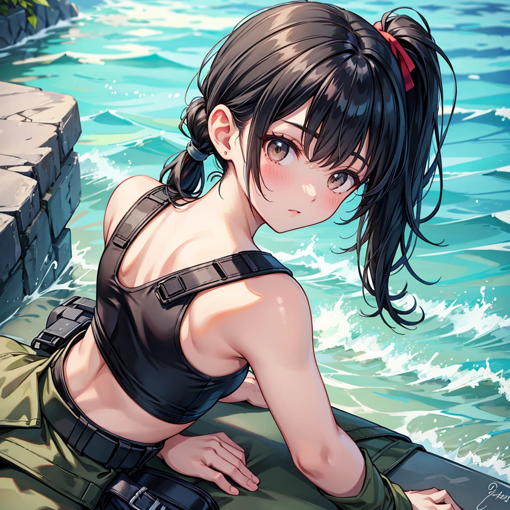 Black Hair　ponytail　Half Up　One person　military　beautiful girl　Droopy eyes　Swimsuit