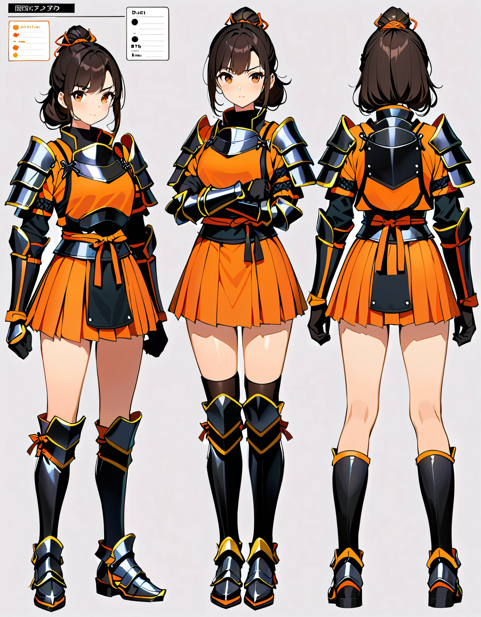 (masterpiece), (best quality), (hires), highly detailed, professional, 1girl, solo, solo focus, (dark black hair, tied up hairstyle), (wearing black gloves), (wearing samurai armor, armored gauntlets, armored boots, thighhigh boots), (wearing a skirt, orange skirt. pleaded skirt), (black biker shorts), hair covering eyes, (clenched hand, clenched hands), beautiful face, beautiful eyes, (brown eyes), vibrant colors, full body with costume. Simple background, Multiple Views, Character Sheet Full-Length.