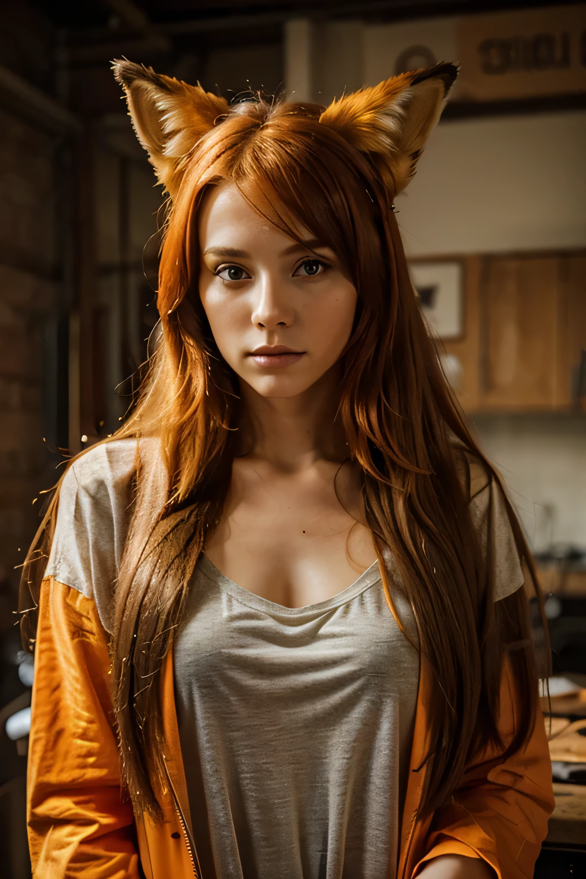 Alone, young, beautiful woman, fox ears, Long hair, orange hair, rock style clothing, looking straight ahead