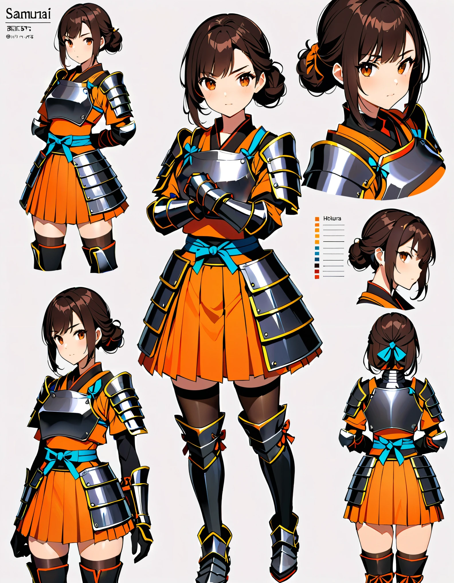 (masterpiece), (best quality), (hires), highly detailed, professional, 1girl, solo, solo focus, (dark black hair, tied up hairstyle), (wearing black gloves), (wearing samurai armor, armored gauntlets, armored boots, thighhigh boots), (wearing a skirt, orange skirt. pleaded skirt), (black biker shorts), hair covering eyes, (clenched hand, clenched hands), beautiful face, beautiful eyes, (brown eyes), vibrant colors, full body with costume. Simple background, Multiple Views, Character Sheet Full-Length.