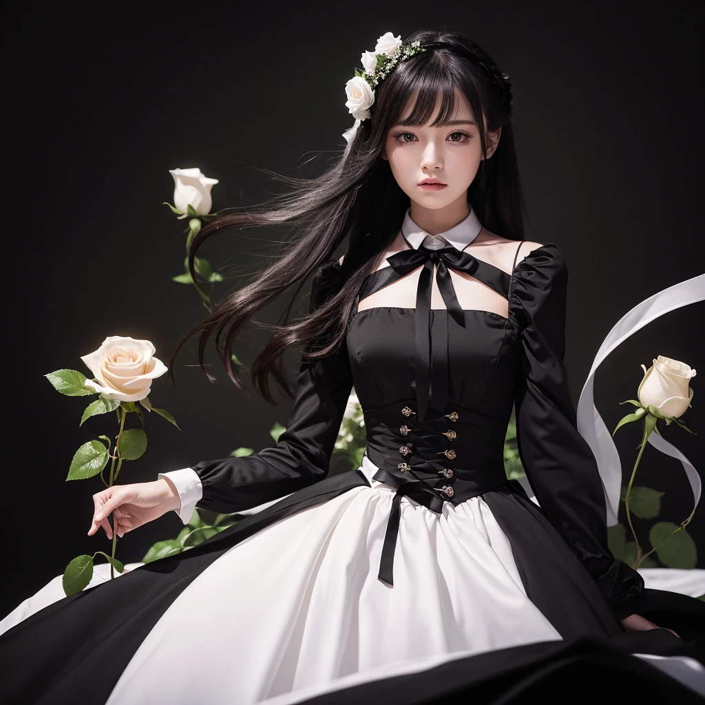 ((masterpiece, Highest quality)),Best aesthetics,One girl, alone, Long Hair, Black Dress, flower, ribbon, Black background, Black Hair, Rose, hair ribbon, Green Eyes, Long sleeve, white Rose, Mouth closed, black ribbon, Upper Body, Cinema Lighting
