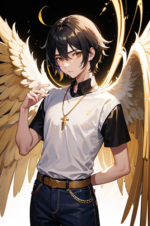 Bennett from Genshin Impact, 16 years old, black hair, brown eyes, white and black shirt, printed with golden wings, necklace with a golden cross, blue jeans, looking directly at the viewer in profile, white background