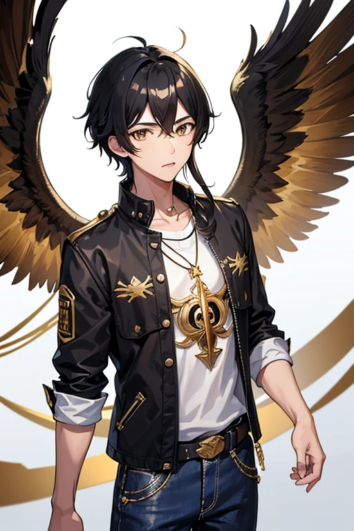 Bennett from Genshin Impact, 16 years old, black hair, brown eyes, white and black shirt, printed with golden wings, necklace with a golden cross, blue jeans, looking directly at the viewer in profile, white background