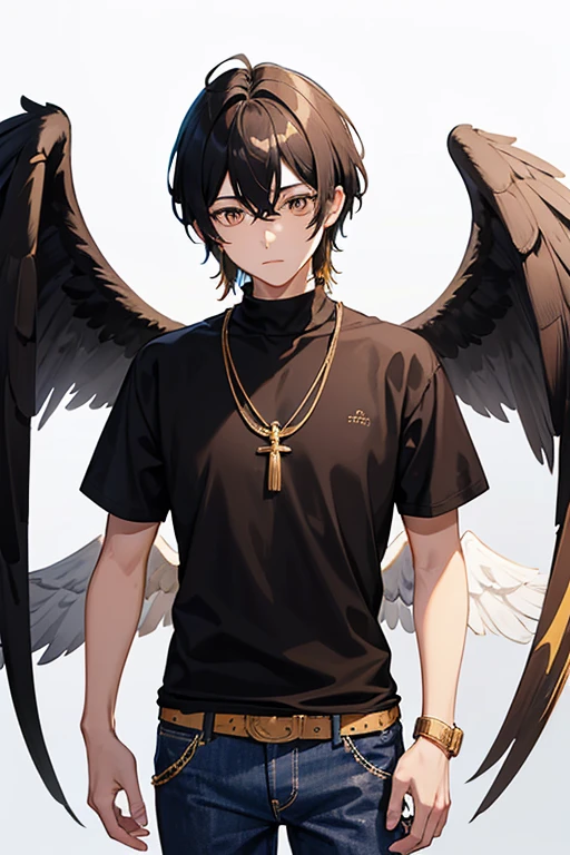 Bennett from Genshin Impact, 16 years old, black hair, brown eyes, white and black shirt, printed with golden wings, necklace with a golden cross, blue jeans, looking directly at the viewer in profile, white background