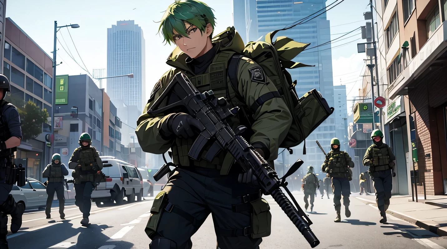 Young man with green hair, SWAT team, goes out to attack, holding a weapon, full body image.