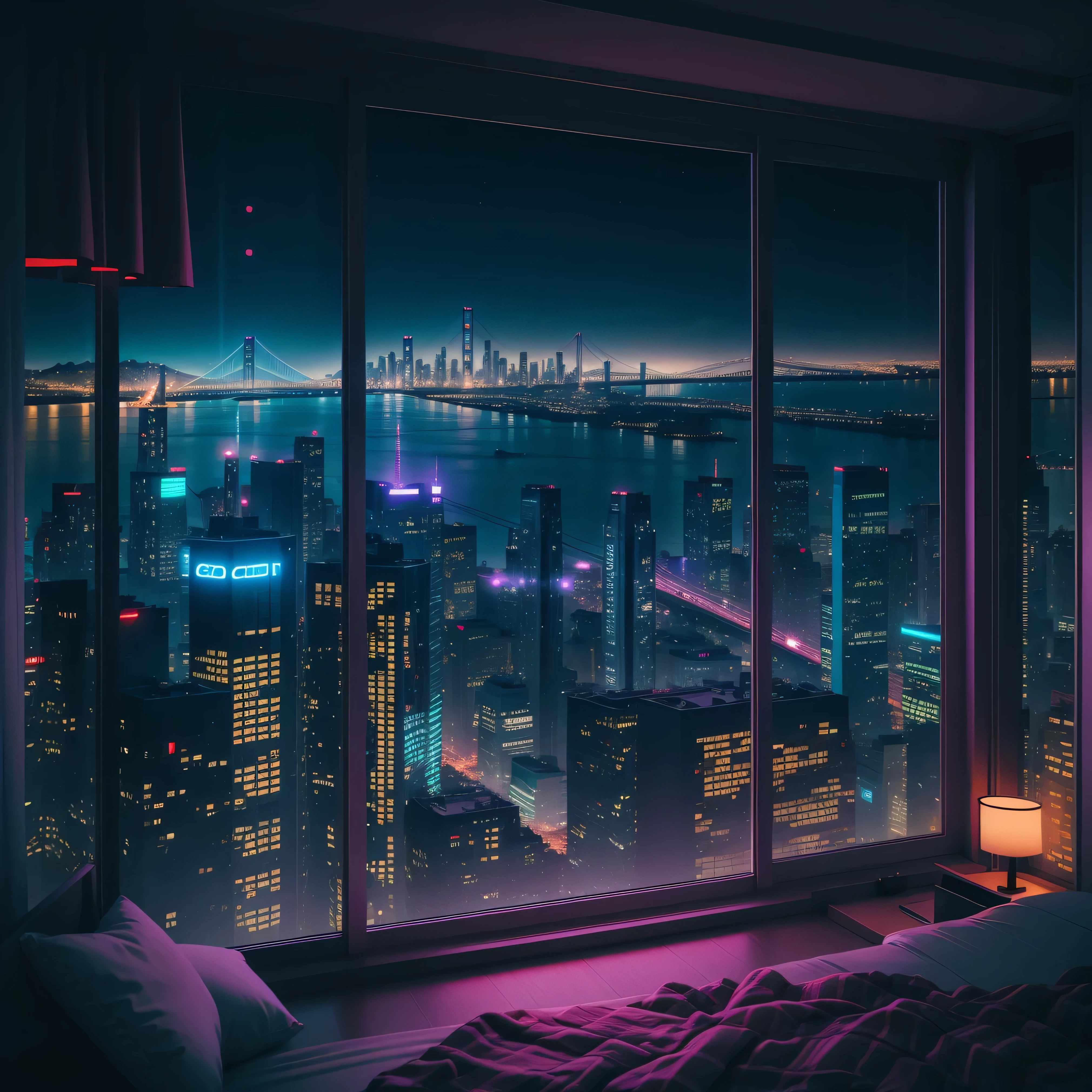 Night view from the hotel room cyberpunked SF Art Top Quality masterpiece beautiful night scene masterpiece neons