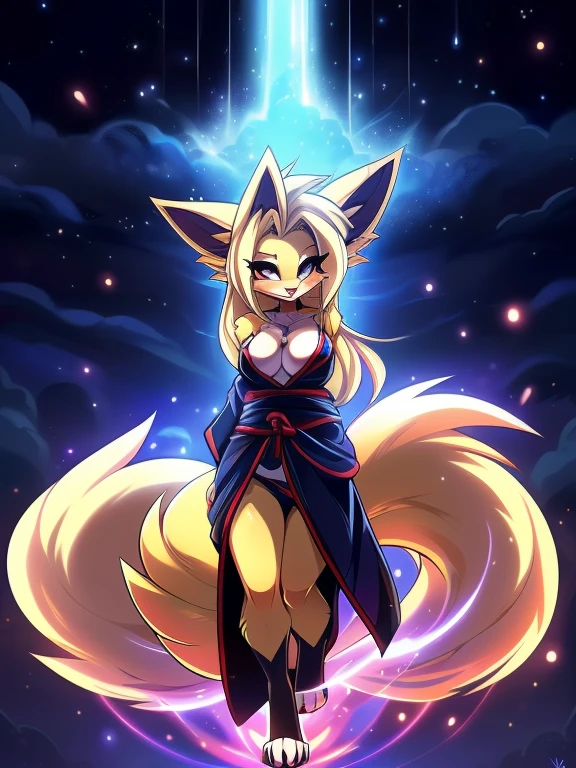 by fluff-kevlar, by ouka, by Kilinah, (((woman, breasts, antrum, extremely detailed, extremely detailed legs, extremely detailed arms, extremely detailed face, perfectly detailed eyes, perfectly detailed anatomy))): 1.2, Ninetales from Pokemon, Ninetales, anthro, female, fox, high definition, good anatomy, yellow fur, yellow body, simple background, highly detailed face, multiple tails, dark lighting, moody lighting, full body, sexy body, slanky body, sexy face, nice, hot, cute, pawpads, paws, showing feet, magical levitating, blushing, friendly smile, smile, friendly, elegant, dark, mysterious, alluring, beautiful, yukata