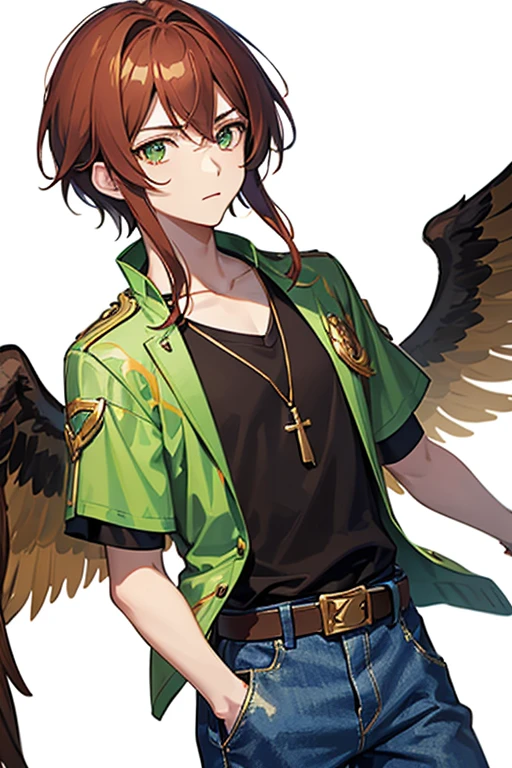 Xiao from Genshin Impact, boy, 16 years old, short reddish brown hair with strands in the bangs, green eyes, green open vest, black t-shirt with gold wings print, necklace with a gold cross, blue jeans, light brown belt, Looking at profile straight directly to viewer, white background.