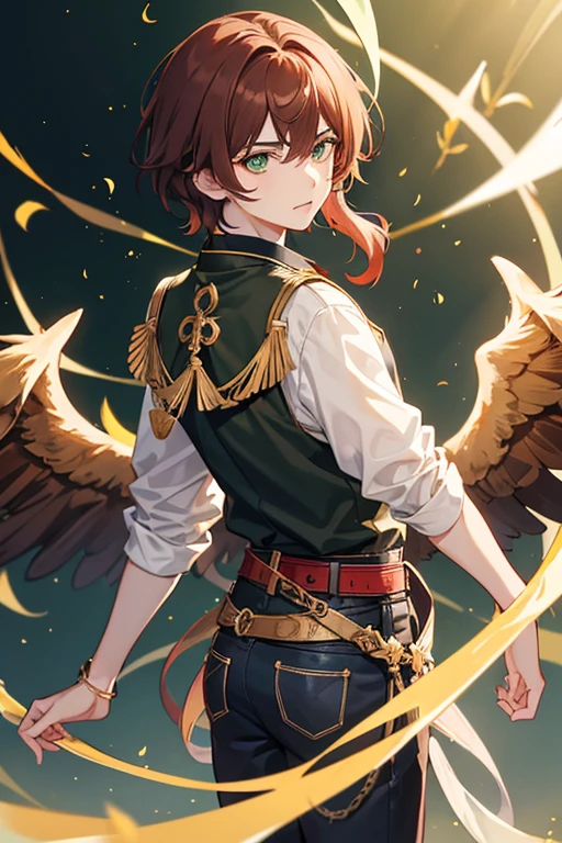 Xiao from Genshin Impact, boy, 16 years old, short reddish brown hair with strands in the bangs, green eyes, green open vest, black t-shirt with gold wings print, necklace with a gold cross, blue jeans, light brown belt, Looking at profile straight directly to viewer, white background.