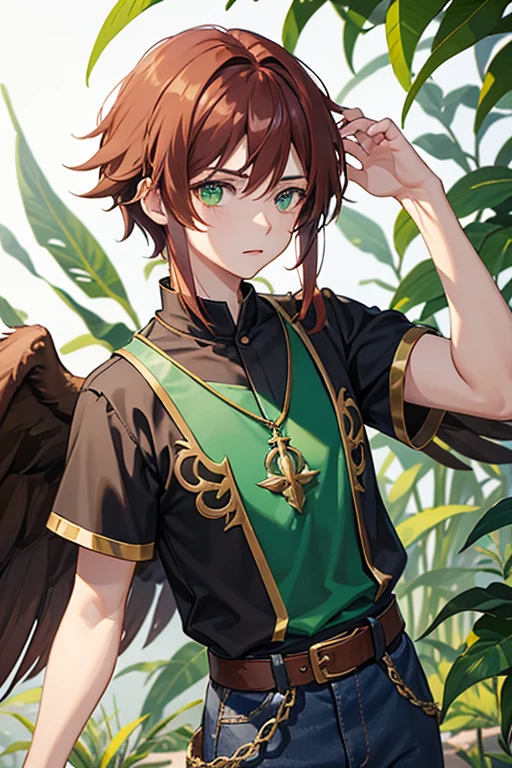 Xiao from Genshin Impact, boy, , short reddish brown hair with strands in the bangs, green eyes, green open vest, black t-shirt with gold wings print, necklace with a gold cross, blue jeans, light brown belt, Looking at profile straight directly to viewer, white background.