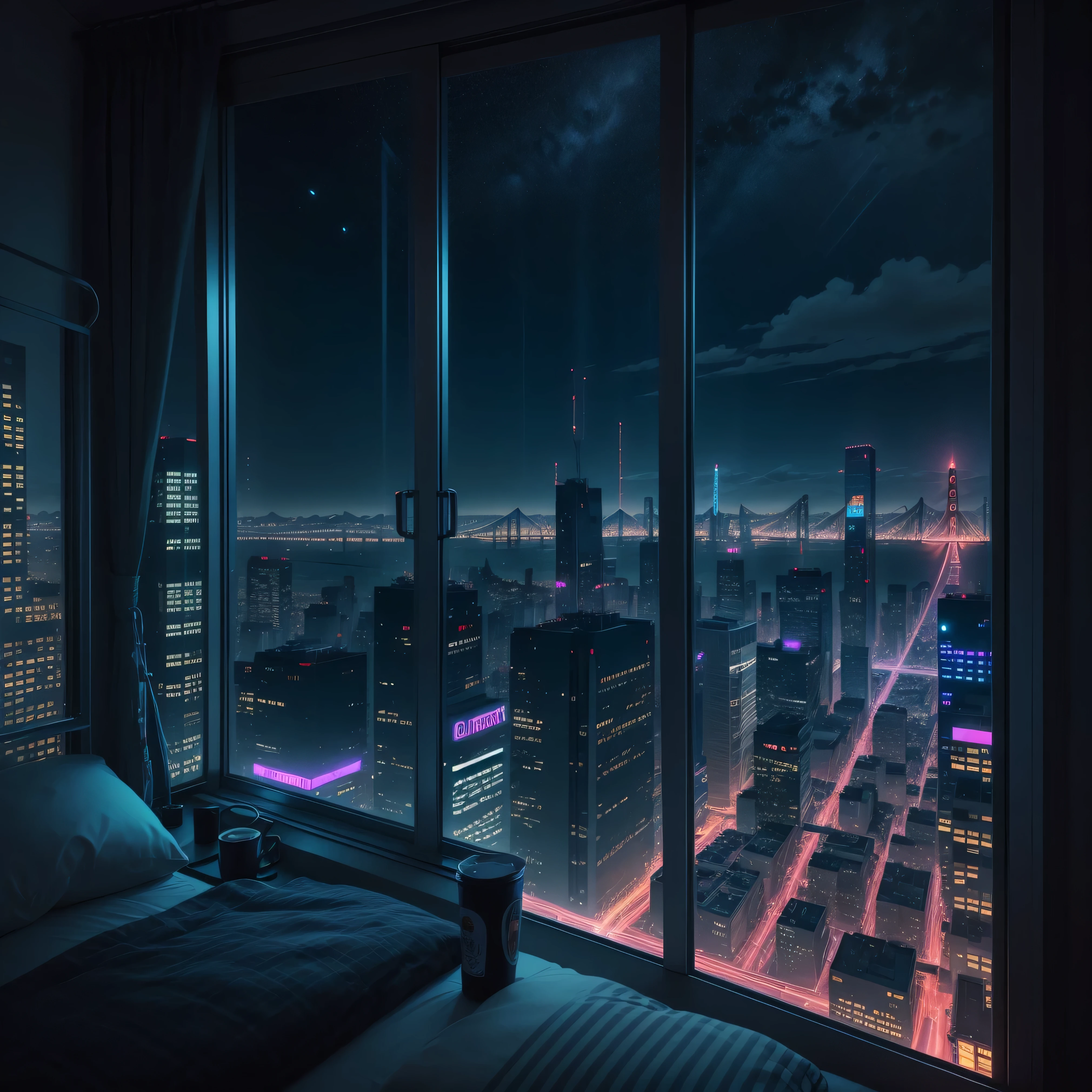Night view from the hotel room cyberpunked SF Art Top Quality masterpiece beautiful night scene masterpiece neons