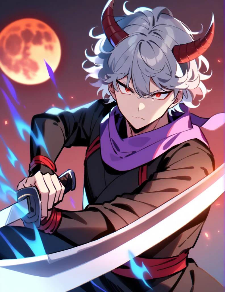 Gray Hair, Curly Hair, short hair, horn, Black Ninja Costume, Holding a sword, Red full moon, male, Red, sharp eyes, Purple scarf, blue flames