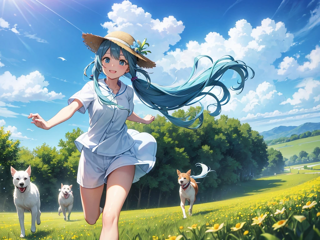 Light blue long hair、beautiful girl with twin tails、Bright smile、Wear a hat, He is running through a green field full of flowers。My dog also enjoys running with me.。.、Large in the center、Looking into the camera、