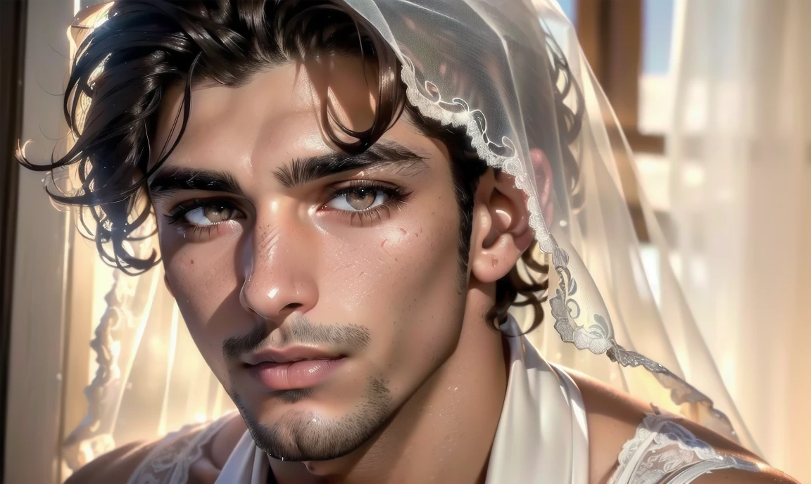 "((highly detailed, detailed eyes, detailed face, clear and realistic facial features, photorealistic, realistic light; cinematic)), (1 man), ((((summer home background)))), (((23-year-old male))), (((seductive sexy enigmatic gorgeous Iranian male model))), ((((acting enticing)))), ((seductive expression)), (((blushing))), ((dark brown eyes)), (((dark Iranian skin))), ((sexy ethnic Iranian man)), ((((mysterious eyes)))), (((long dark-brown natural eyelashes))), (((clean-shaven face))), ((white bridal veil)), ((white bride's lingerie)), (((posing seductively))."