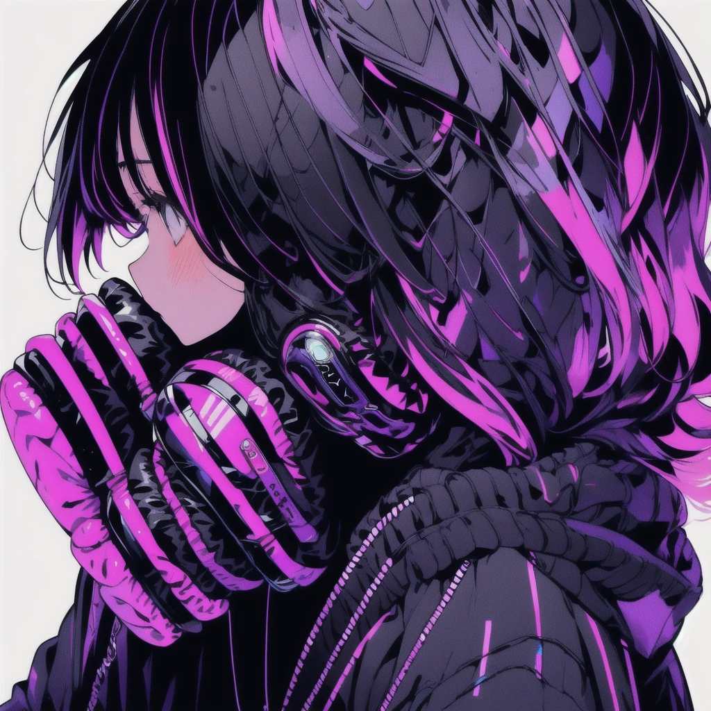 male, profile, Headphones, hoodie, Vibrant colors, neon, White background、gas mask、