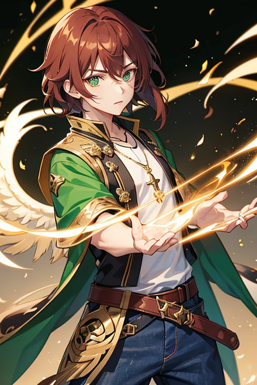 Xiao from Genshin Impact, boy, , short reddish brown hair with strands in the bangs, green eyes, green open vest, black t-shirt with gold wings print, necklace with a gold cross, blue jeans, light brown belt, Looking at profile straight directly to viewer, white background.