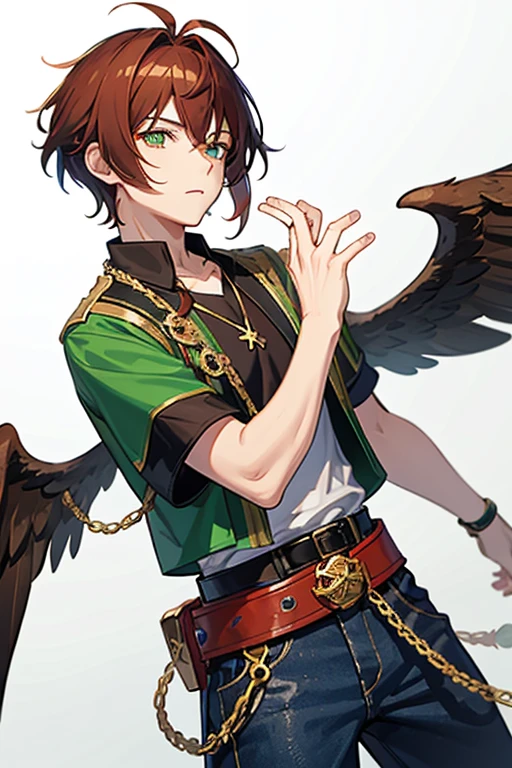 Xiao from Genshin Impact, boy, 16 years old, short reddish brown hair with strands in the bangs, green eyes, green open vest, black t-shirt with gold wings print, necklace with a gold cross, blue jeans, light brown belt, Looking at profile straight directly to viewer, white background.