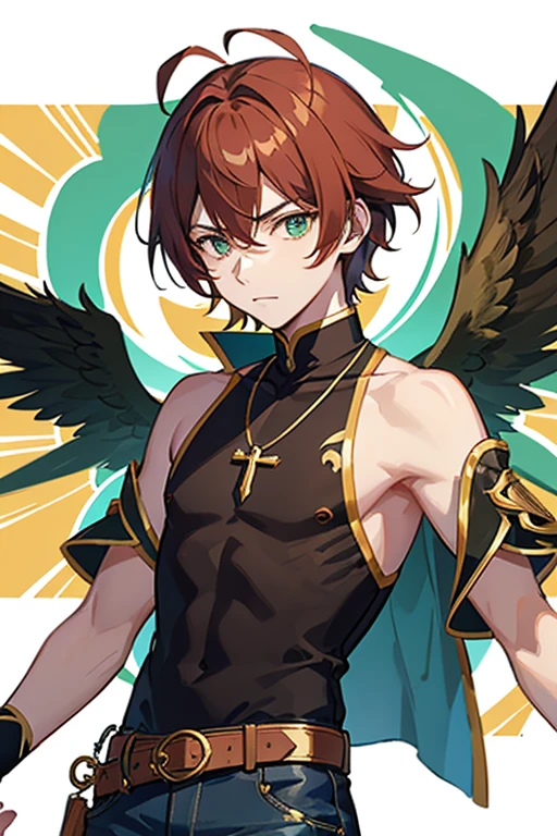 Xiao from Genshin Impact, boy, , short reddish brown hair with strands in the bangs, green eyes, green open vest, black t-shirt with gold wings print, necklace with a gold cross, blue jeans, light brown belt, Looking at profile straight directly to viewer, white background.