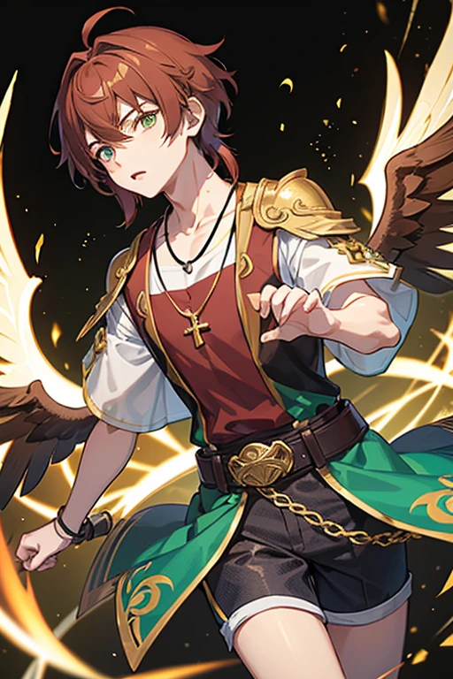 Xiao from Genshin Impact, boy, 16 years old, short reddish brown hair with strands in the bangs, green eyes, green open vest, black t-shirt with gold wings print, necklace with a gold cross, blue jeans, light brown belt, Looking at profile straight directly to viewer, white background.