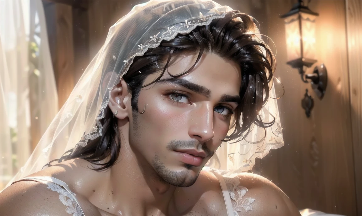 "((highly detailed, detailed eyes, detailed face, clear and realistic facial features, photorealistic, realistic light; cinematic)), (1 man), ((((summer home background)))), (((23-year-old male))), (((seductive sexy enigmatic gorgeous Iranian male model))), ((((acting enticing)))), ((seductive expression)), (((blushing))), ((dark brown eyes)), (((dark Iranian skin))), ((sexy ethnic Iranian man)), ((((mysterious eyes)))), (((long dark-brown natural eyelashes))), (((clean-shaven face))), ((white bridal veil)), ((white bride's lingerie)), (((posing seductively))."