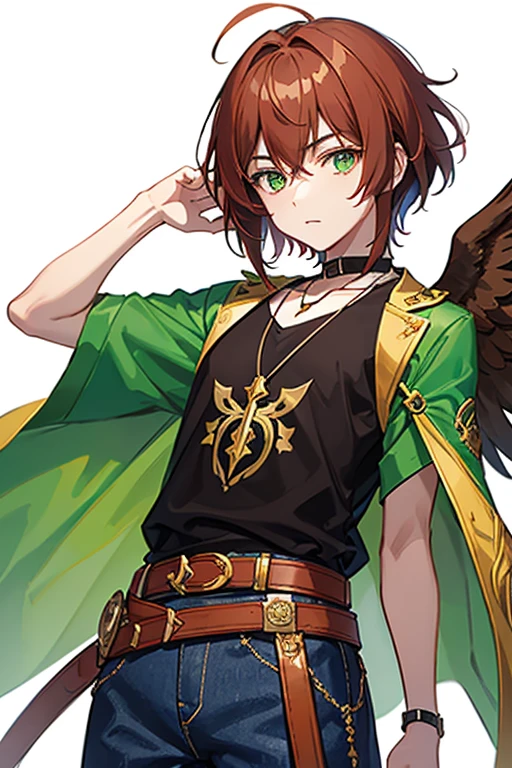 Xiao from Genshin Impact, boy, 16 years old, short reddish brown hair with strands in the bangs, green eyes, green open vest, black t-shirt with gold wings print, necklace with a gold cross, blue jeans, light brown belt, Looking at profile straight directly to viewer, white background.