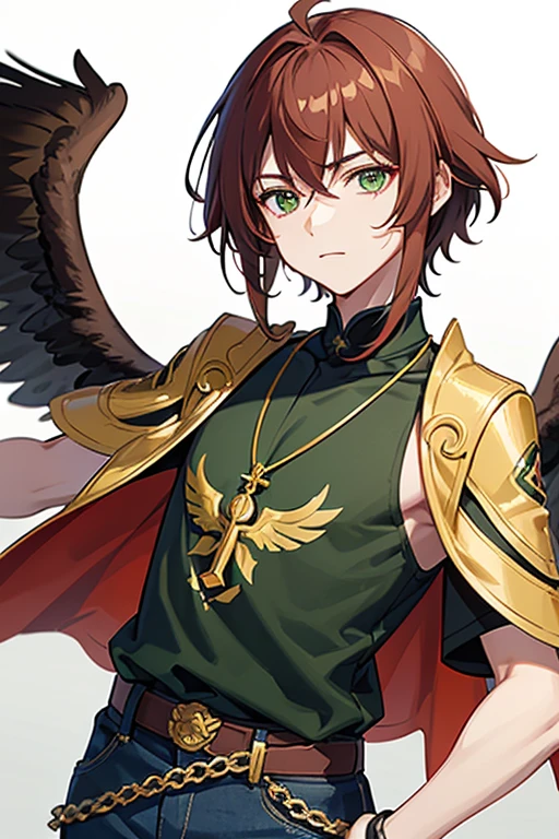 Xiao from Genshin Impact, boy, 16 years old, short reddish brown hair with strands in the bangs, green eyes, green open vest, black t-shirt with gold wings print, necklace with a gold cross, blue jeans, light brown belt, Looking at profile straight directly to viewer, white background.
