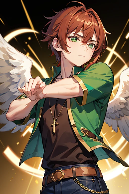 Xiao from Genshin Impact, boy, , short reddish brown hair with strands in the bangs, green eyes, green open vest, black t-shirt with gold wings print, necklace with a gold cross, blue jeans, light brown belt, Looking at profile straight directly to viewer, white background.
