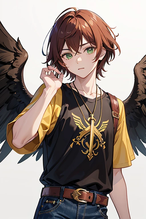 Xiao from Genshin Impact, boy, 16 years old, short reddish brown hair with strands in the bangs, green eyes, green open vest, black t-shirt with gold wings print, necklace with a gold cross, blue jeans, light brown belt, Looking at profile straight directly to viewer, white background.