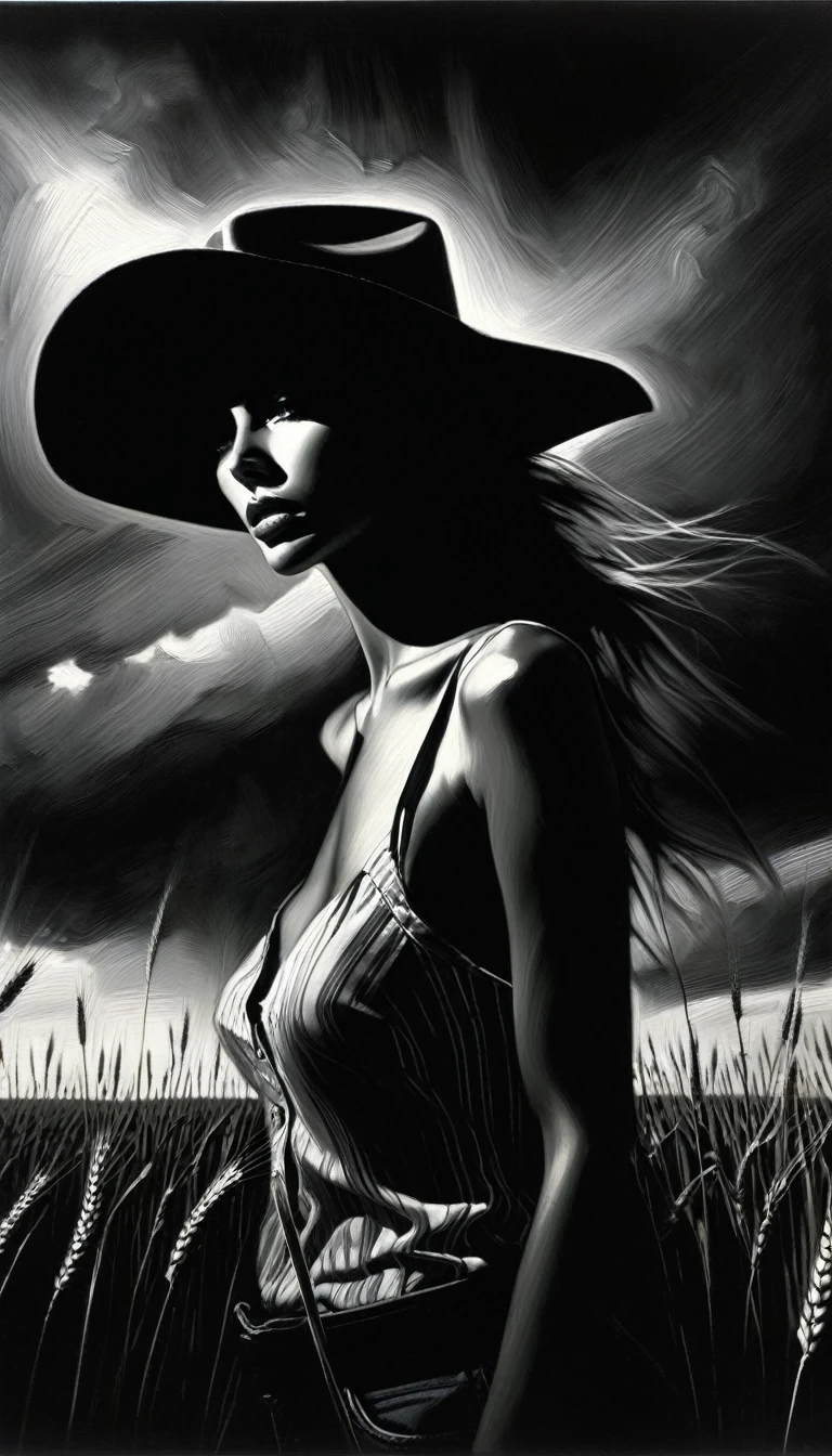 a sexy girl with a cowboy hat, in the middle of a wheat field, serious, staring, dark clouds, eroticism, sexy image, black and white, between shadows, oil painting, chiaroscuro, sensual lighting, dramatic atmosphere, changing, emotional impact, art inspired by Bill Sienkiewicz