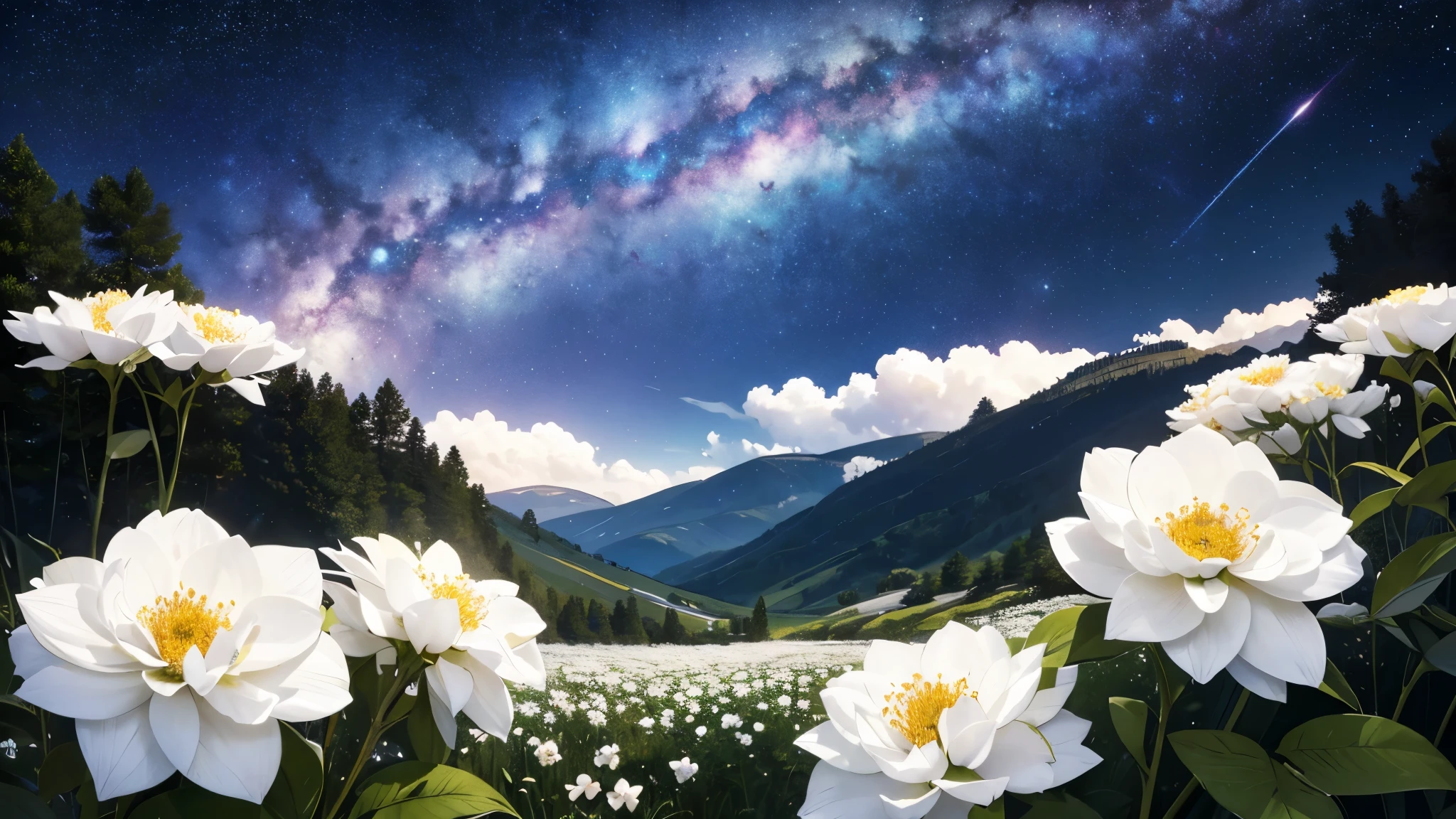 CG, unity, 8k, wallpaper, highest quality, masterpiece, best lighting, complex textile, detailed background, Landscape painting, Spectacular starry sky with the Milky Way visible, nebula, night, Effect of dancing petals, vast flower garden, quiet flower garden, nothing artificial, (white flowers: 1.5), beautiful, (Panoramic View: 1.3)