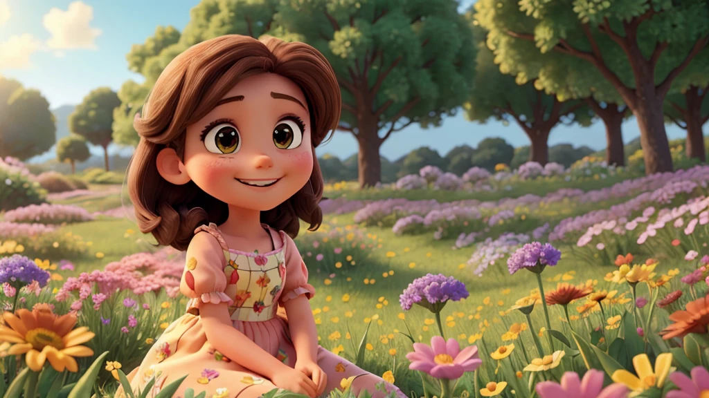 1 Girl with brown hair and dress lying in a field talking to flowers in a field full of flowers, illustrative of disney, magic, colors, flores, butterflies, (Best Quality, 4k, 8k,High resolution,masterpiece:1.2) Bright flower background., enchanted atmosphere, colors, fantasy elements, Sun rays, gentle breeze. Gran composición con gran detalle y colors.foreground, large eyes, big mouth smiling, flores de colors detalladas, Retailer