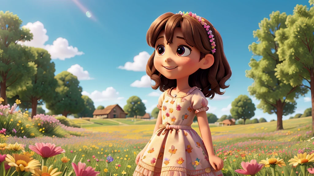 1 Girl with brown hair and dress lying in a field talking to flowers in a field full of flowers, illustrative of disney, magic, colors, flores, butterflies, (Best Quality, 4k, 8k,High resolution,masterpiece:1.2) Bright flower background., enchanted atmosphere, colors, fantasy elements, Sun rays, gentle breeze. Gran composición con gran detalle y colors.foreground, large eyes, big mouth smiling, flores de colors detalladas, Retailer