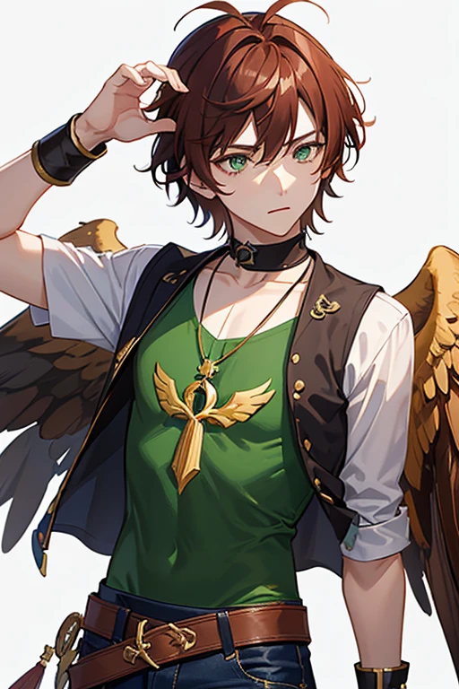 Xiao from Genshin Impact, boy, , short reddish brown hair with strands in the bangs, green eyes, green open vest, black t-shirt with gold wings print, necklace with a gold cross, blue jeans, light brown belt, Looking at profile straight directly to viewer, white background.