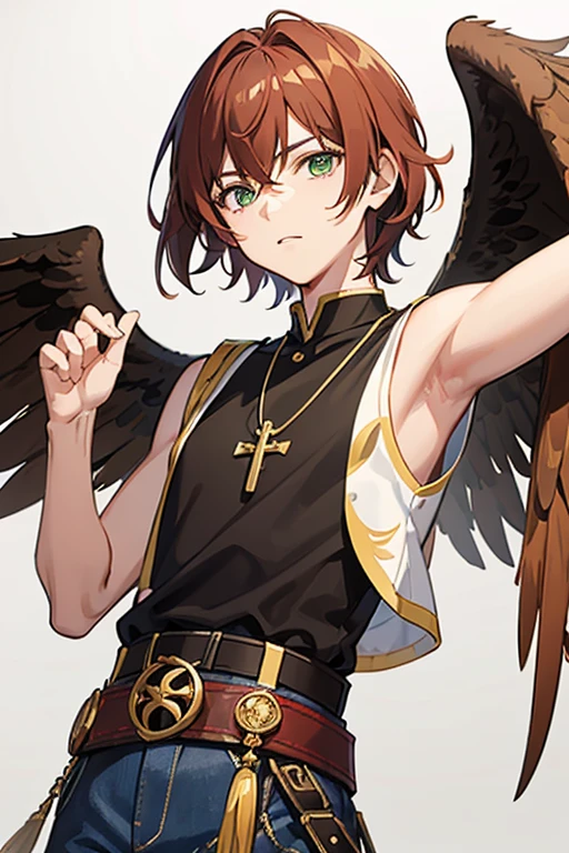Xiao from Genshin Impact, boy, , short reddish brown hair with strands in the bangs, green eyes, green open vest, black t-shirt with gold wings print, necklace with a gold cross, blue jeans, light brown belt, Looking at profile straight directly to viewer, white background.
