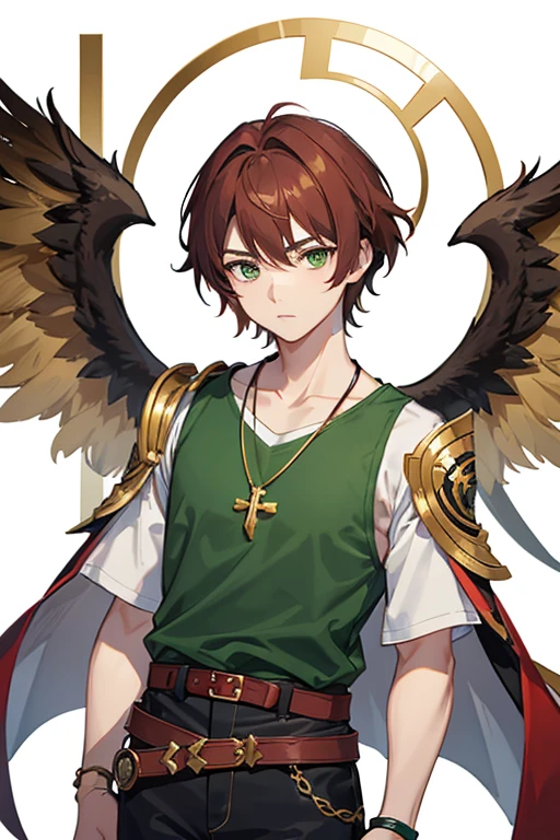 Xiao from Genshin Impact, boy, 16 years old, short reddish brown hair with strands in the bangs, green eyes, green open vest, black t-shirt with gold wings print, necklace with a gold cross, blue jeans, light brown belt, Looking at profile straight directly to viewer, white background.