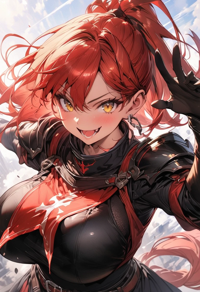 (masterpiece),(best quality),(ultra-detailed),(best illustration),(best shadow),(absurdres),(detailed background),(very aesthetic), knight, long hair, red hair, ((Ponytail)), yellow eyes, perfect face, black armor,, ((exposed arm)), red_ornaments, red_tabard, thong, belt, ((big tits)), exposed belly, smiling, 1girl, strikes, Perfect face, thick thighs, ,add_detail:1, add_detail:0, add_detail:0.5,
