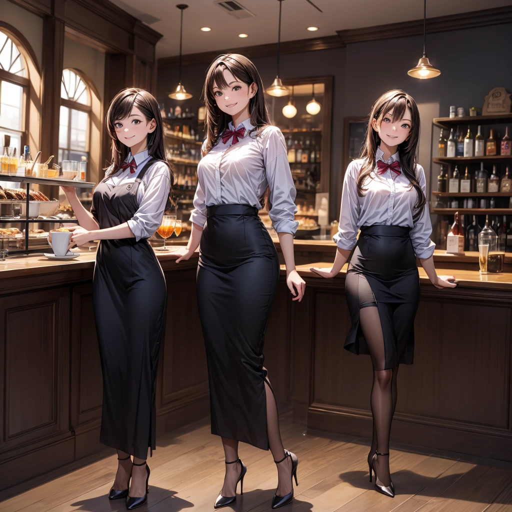 (masterpiece:1.3),(best quality, highest quality),((Full Body Shot,Including face)),2girls,4K,masterpiece,((Focus on the face)),((Symmetrical facial features)),Beautiful woman,(slender),((High heels)),Detailed depiction of the face, Cafe clerk ,In front of the bar counter,profile,slenderな女性,Cafe uniform,Age 25,smile