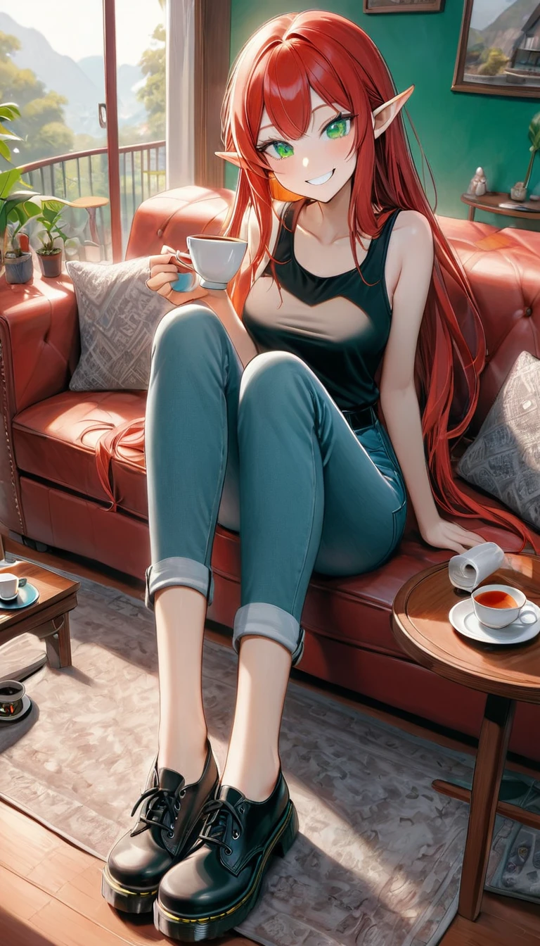 1 female elf with long fire red hair, emerald green eyes, black tank top and jeans small shorts. She's sitting on a couch, enjoying a hot tea. She has a hischievous grin, like someone who's plannign something evil. She's wearing black doc martens, and she has her feet up, resting on top of a coffe table. Inside her shoe, between the insole and the sole of her feet, there is a tiny guy, suffering and trapped inside the hot humid shoe. Feet up and resting on coffee table, colorful living room, elf holding the plate and tea cup, best quality, absurdly detailed