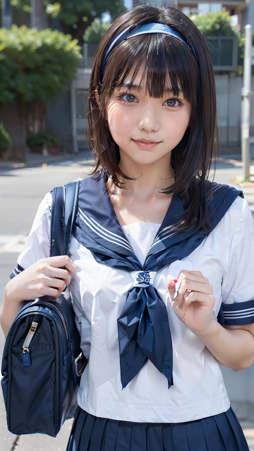 sailor uniform, One Woman, (Beautiful woman, delicate :1.3), Black Hair, bob cur hair, Patsun, 8k, Highest quality, masterpiece, Very detailed, Ultra-high resolution, Realistic, RAW Photos, Absolute Resolution, Black Hair, Navy blue sailor uniform, (Navy blue pleated skirt:1.4), Realistic high school girl, (White headband:1.4), Small breasts, expensive, Bright Blue Eyes, (In front of the school gate), smile, (standing pose:1.4), (one school bag on shoulder:1.4), (long skirt:1.4), slender female body, Blur the background, 