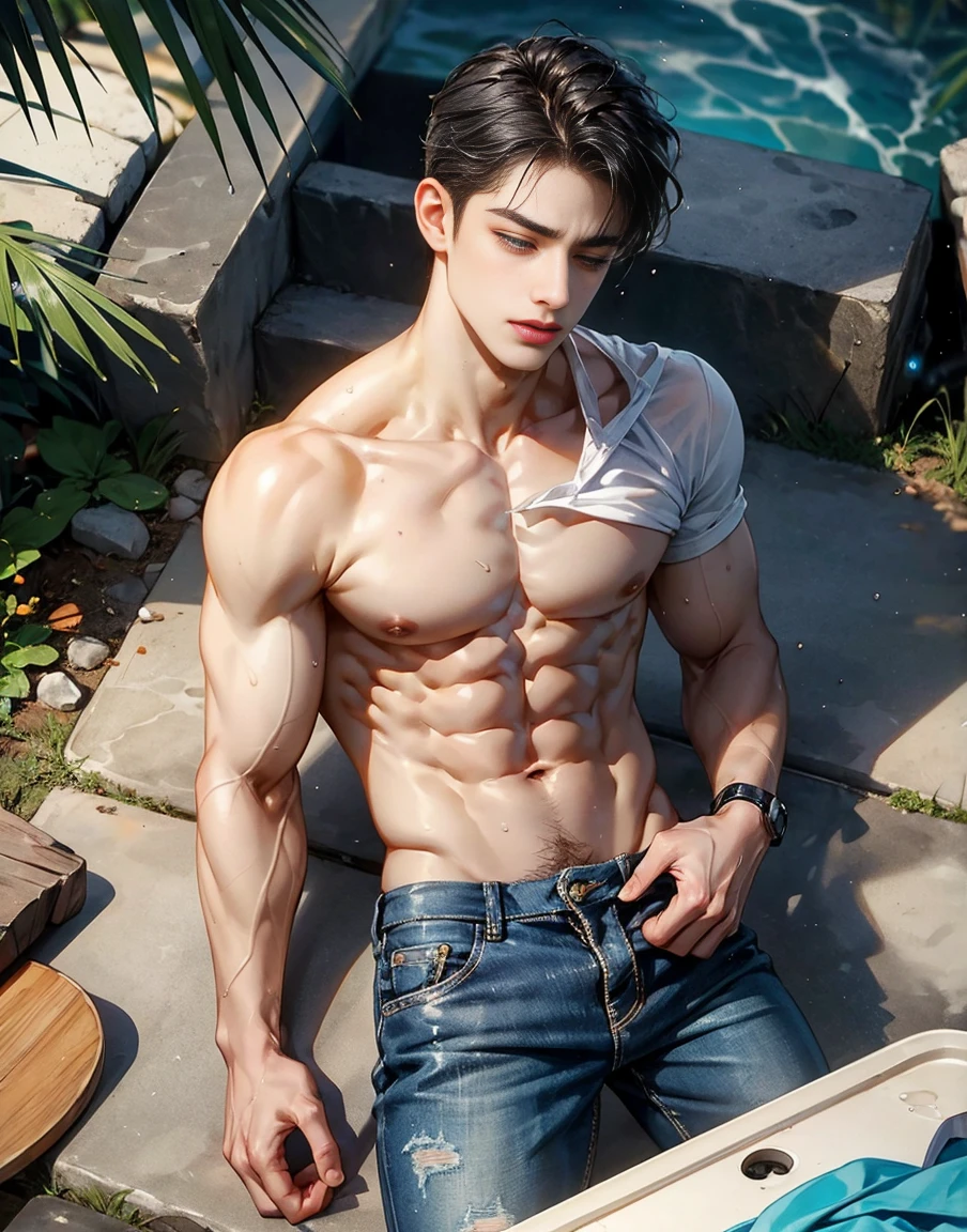 A handsome 20 years old man, muscular and slim, model , found lying on the seashore unconcious, eyes are closed and in pain, sexy and toned body, wet ripped shirt and pants,