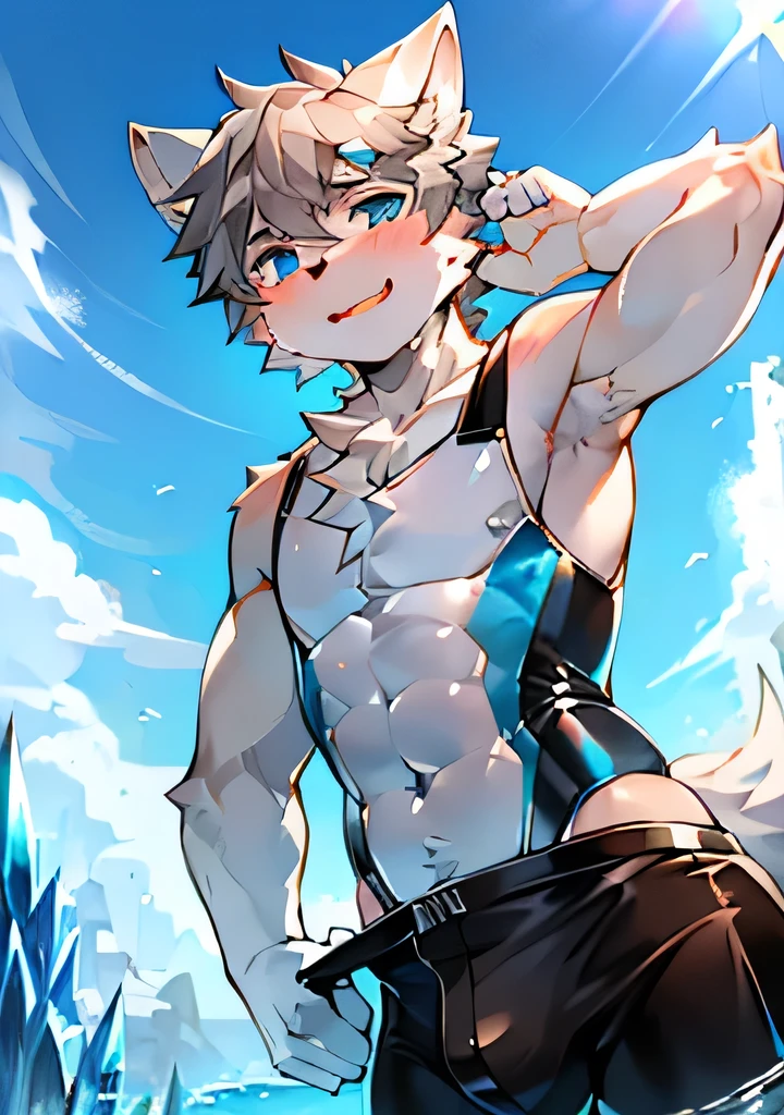 hairy,Wolf Boy,White fur,Crystal blue eyes,Single hairy tail,Gray hair,Short and delicate hair,buzzer,diving,Wear diving goggles,Male characteristics,squat,asshole,Very long bulge,Sexy latex swimsuit,Sexy pose,Posture,((seduce))
