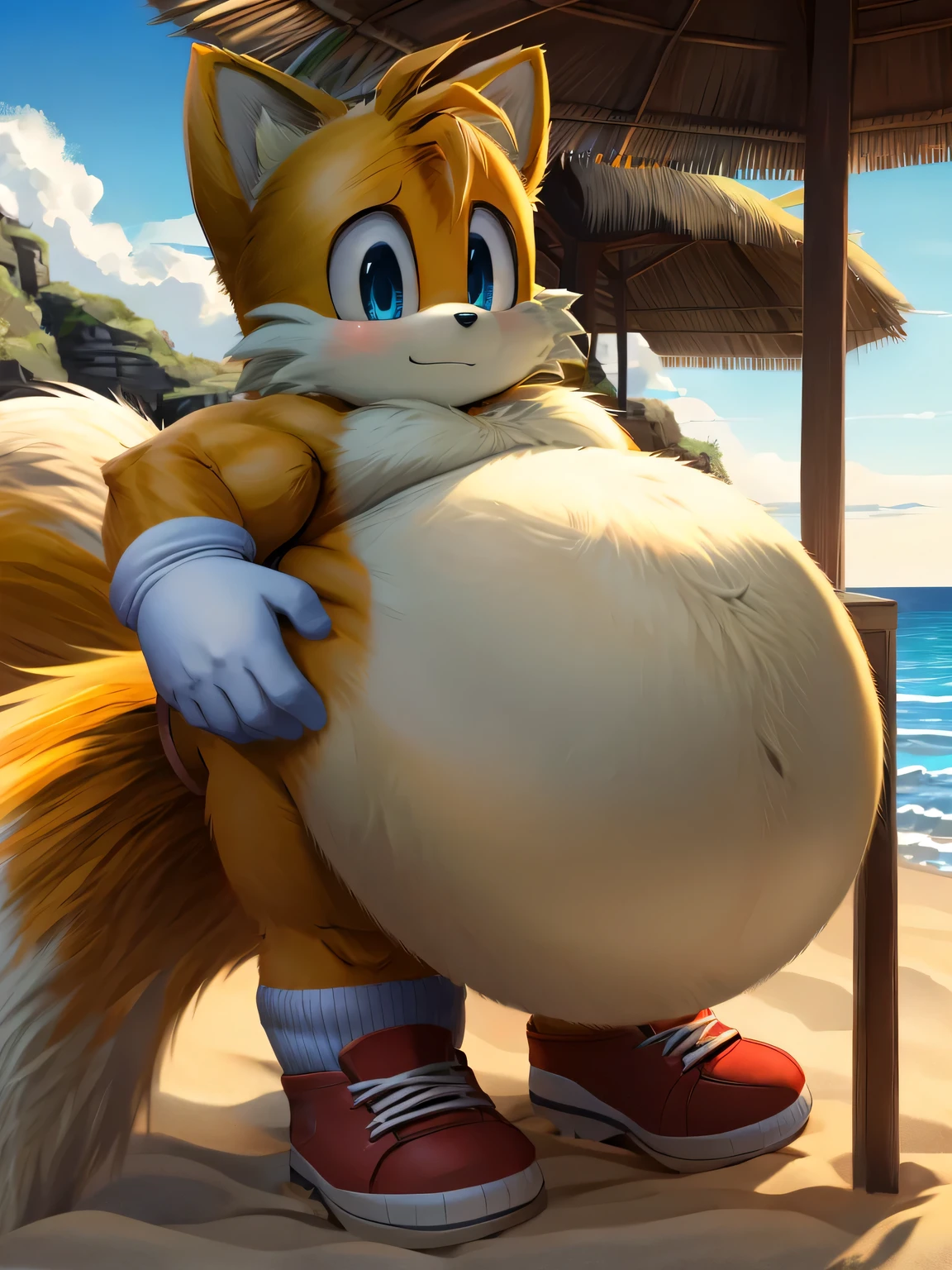 masterpiece, high quality, (konzaburou, ukan_muri, cute), (soft shading), 8k, UHD, Detailed background, detailed face, beach, (Miles 'Tails' Prower), male,  (all body fluffy:1.4), (inflating:1.1), (hyper belly:1.3), (Thick legs:1.3), (Thick Arms:1.3) (fat:1.1), (Chubby Cheeks:1.4),  (Gloves:1.1), (red shoes:1.1), (5 ft Tall), (Long Tails:1.1)